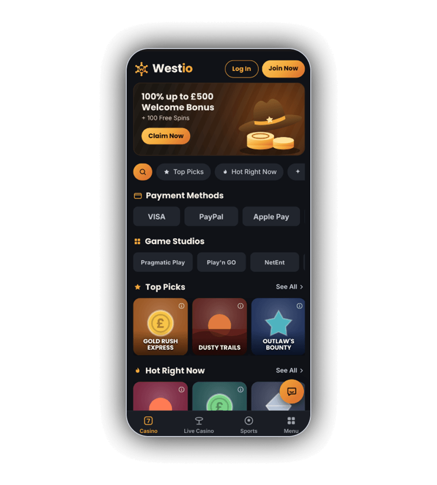 Westio UK lobby on a phone with Log In and Join Now buttons, a banner reading 100% up to £500 Welcome Bonus plus 100 Free Spins with a Claim Now button and a cowboy hat on gold chips, shortcuts for search, Top Picks and Hot Right Now, a Payment Methods row with VISA, PayPal and Apple Pay, a Game Studios row with Pragmatic Play, Play'n GO and NetEnt, Top Picks tiles Gold Rush Express, Dusty Trails and Outlaw's Bounty, a Hot Right Now row, and a bottom bar for Casino, Live Casino, Sports and Menu