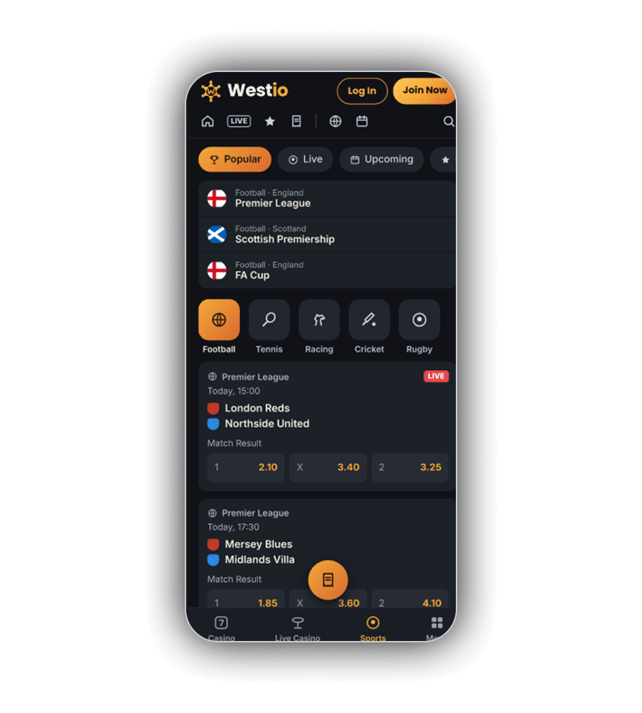 Westio sportsbook on a phone with filters Popular, Live and Upcoming, competitions Premier League, Scottish Premiership and FA Cup, sport buttons Football, Tennis, Racing, Cricket and Rugby, a live Premier League card London Reds v Northside United today at 15:00 priced 2.10, 3.40 and 3.25, and Mersey Blues v Midlands Villa at 17:30 priced 1.85, 3.60 and 4.10